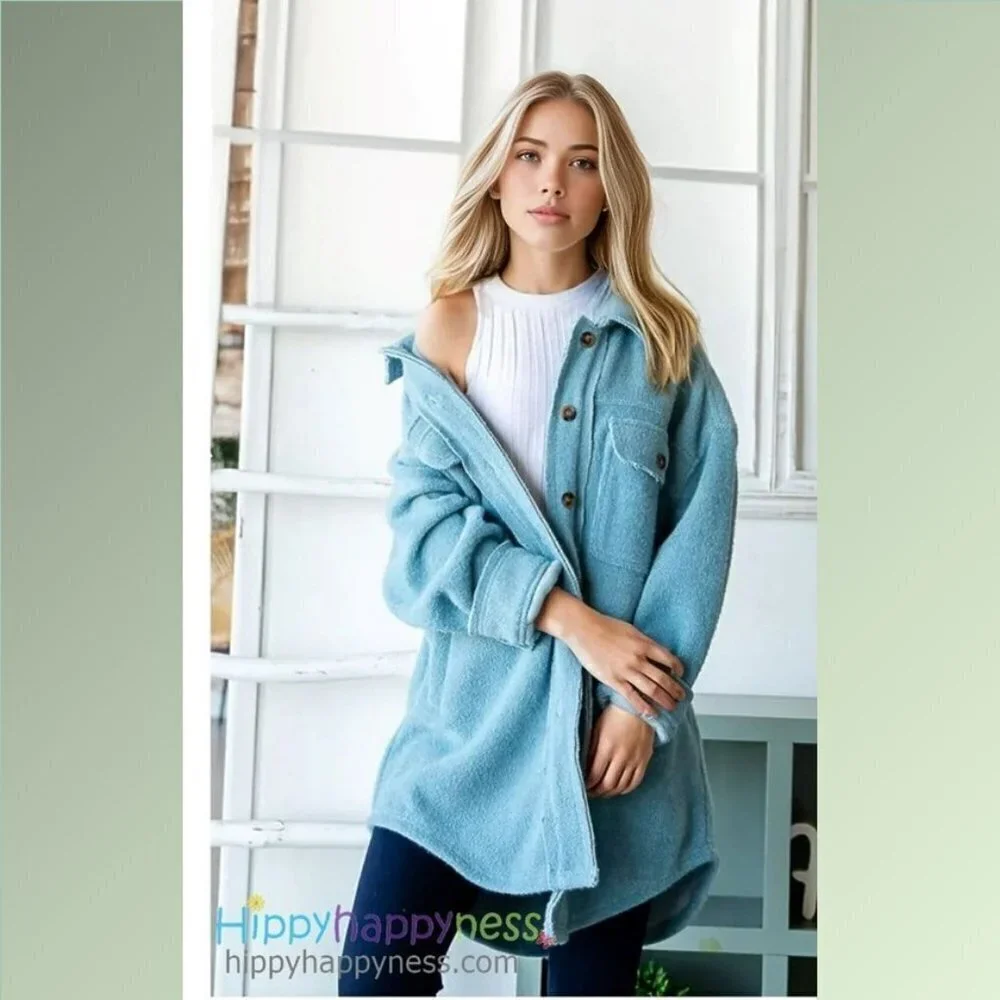 New Oli & Hali Shacket Shirt Jacket Oversized Plush Dusty Blue NWT - Picture 2 of 7
